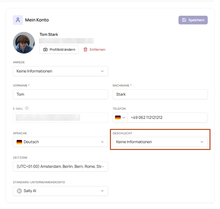 Reiter Mein Konto mit dem markierten Feld Geschlecht