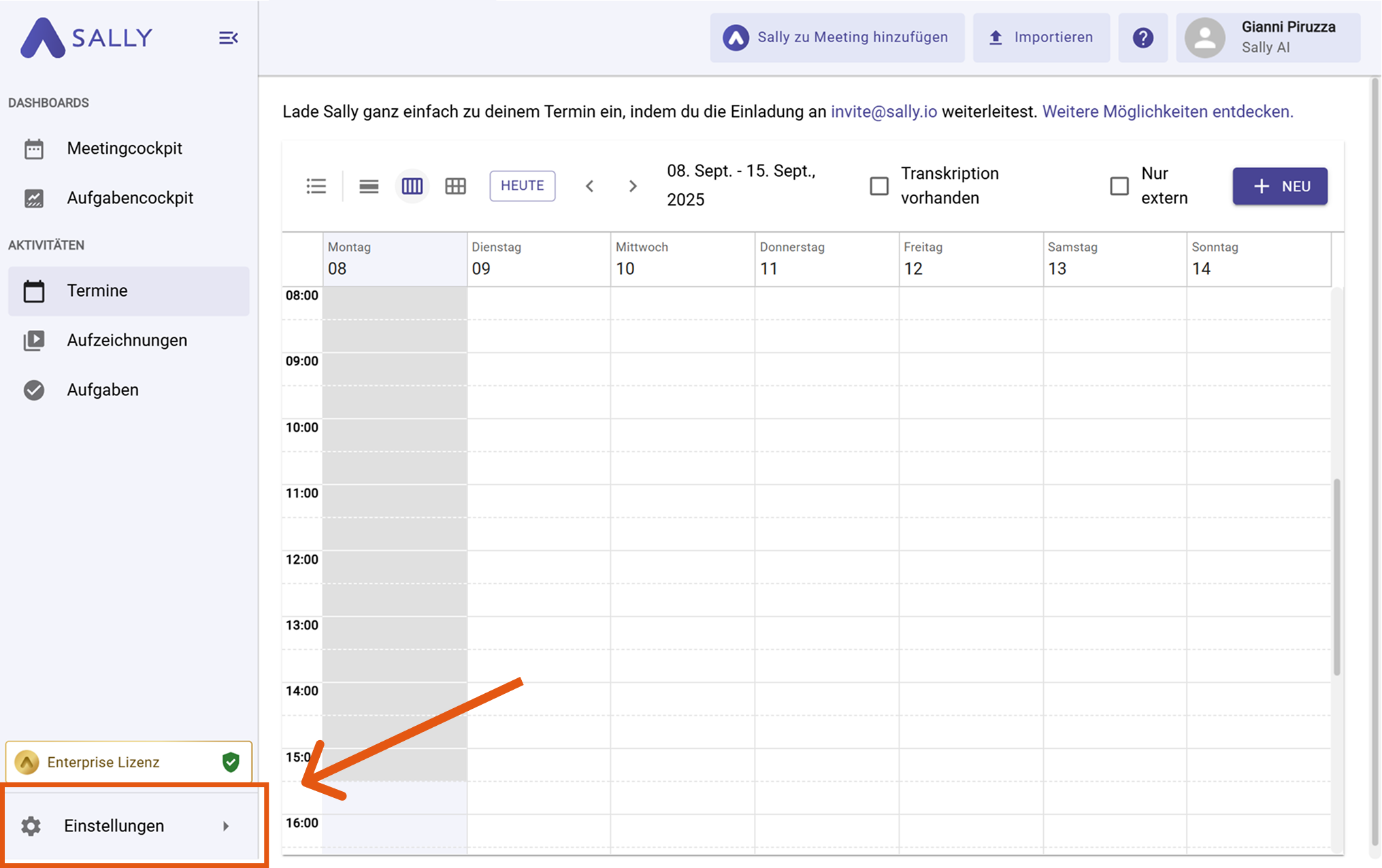 Sally interface with Settings highlighted in the left sidebar