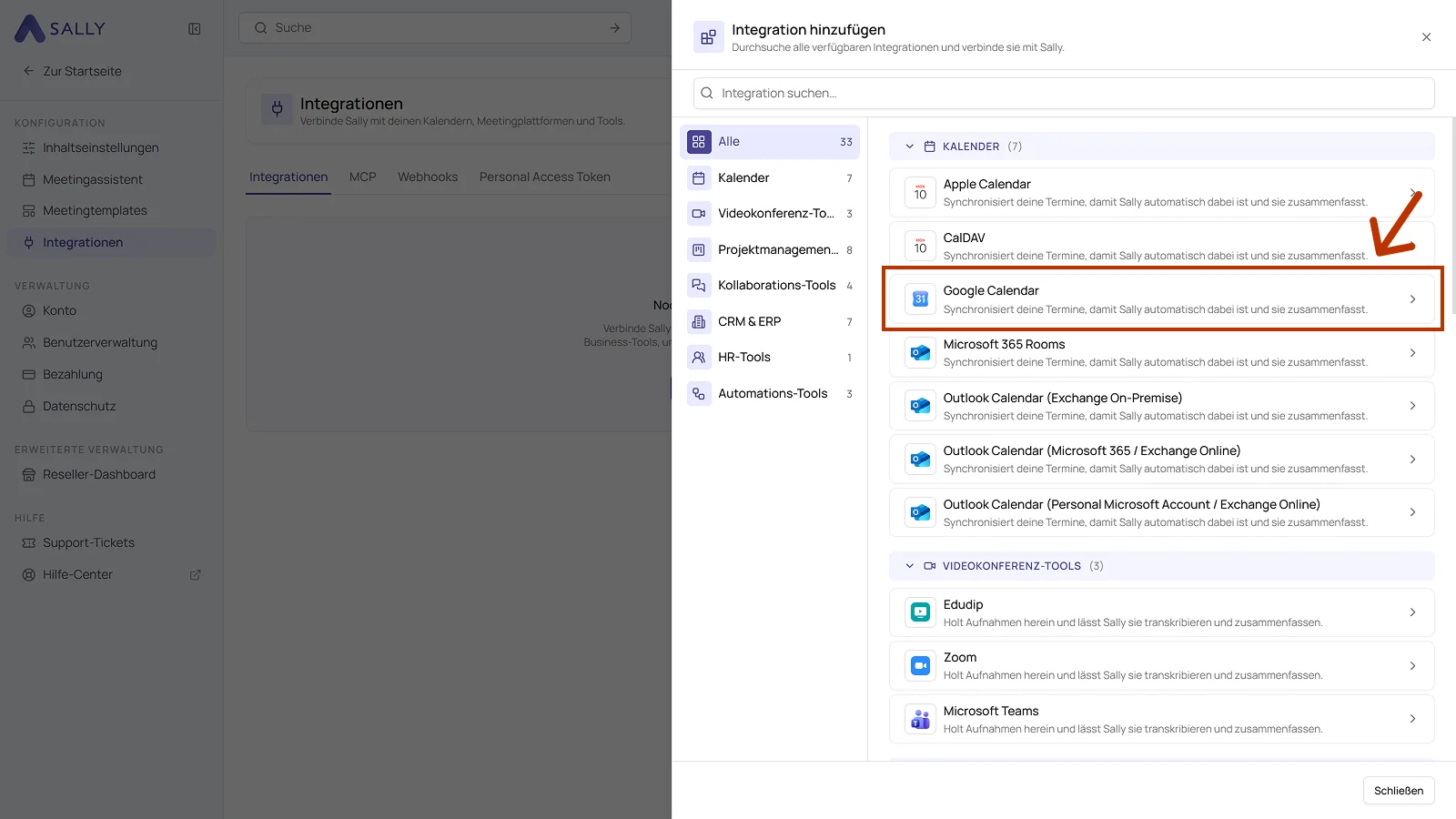 Liste aller verfügbaren Integrationen in Sally mit hervorgehobenem Eintrag Google Calendar