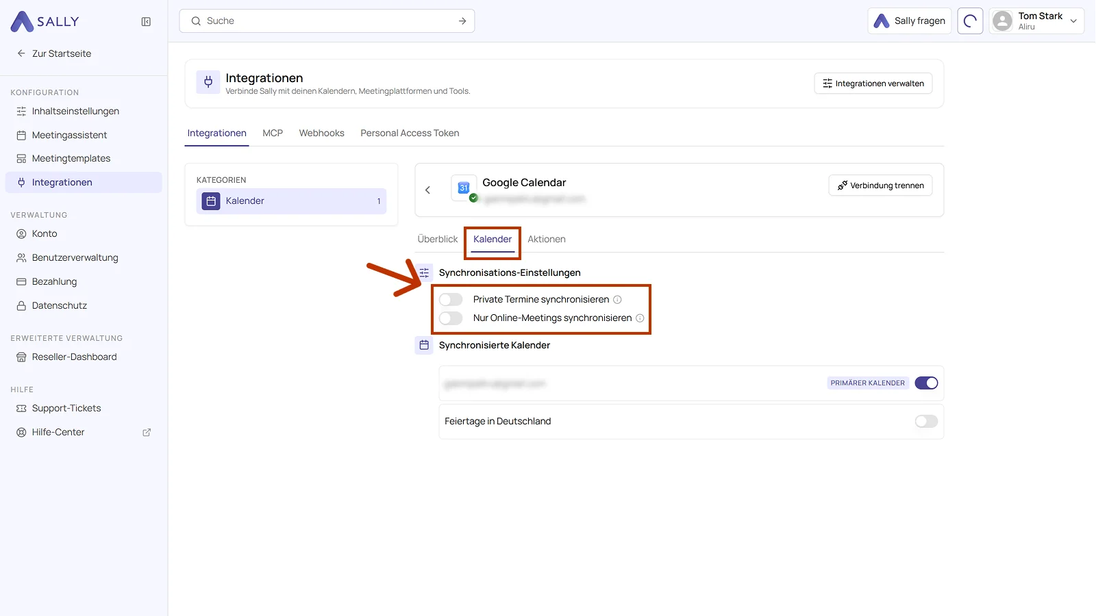 Tab Kalender der Integration mit den Synchronisations-Einstellungen und den synchronisierten Kalendern