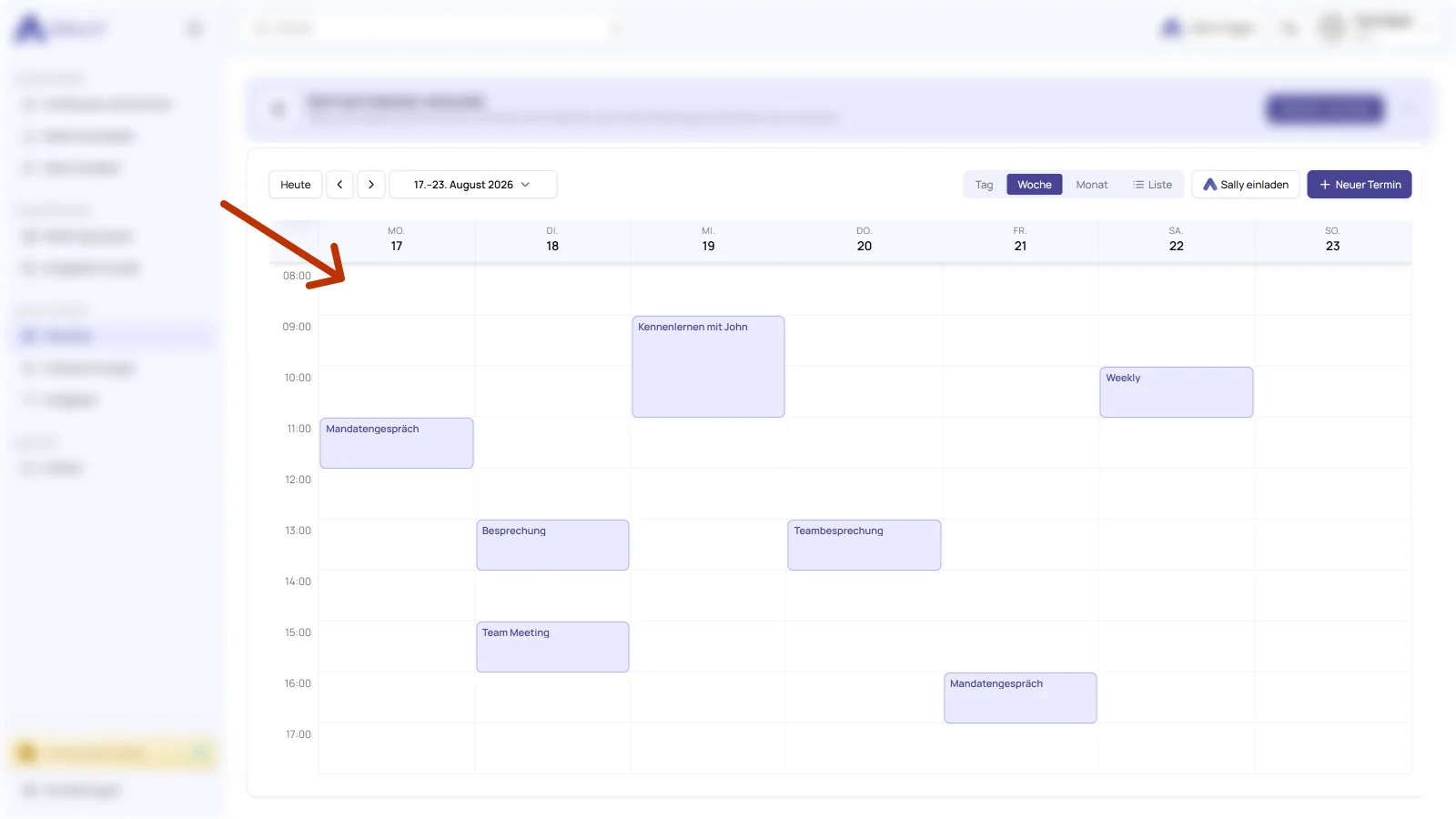 Terminansicht von Sally mit den synchronisierten Terminen aus dem Google Kalender