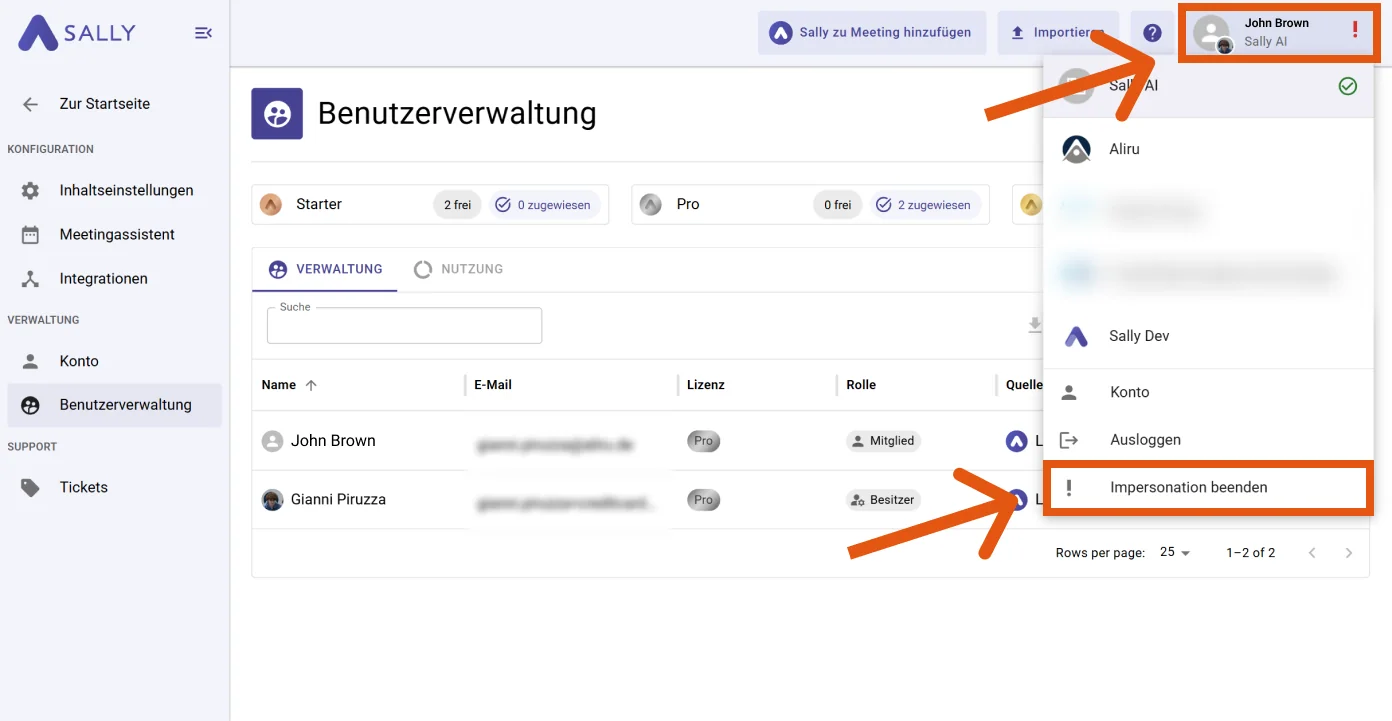 Sally Benutzermenü oben rechts mit sichtbarer Option 'Impersonation beenden'