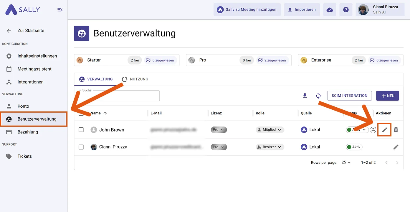 Sally Benutzerverwaltung mit Stift-Symbol zum Öffnen des Benutzerprofils