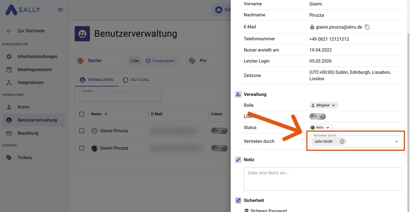 Sally Benutzerprofil mit ausgefülltem Feld 'Vertreten durch' und mehreren ausgewählten Vertretungen
