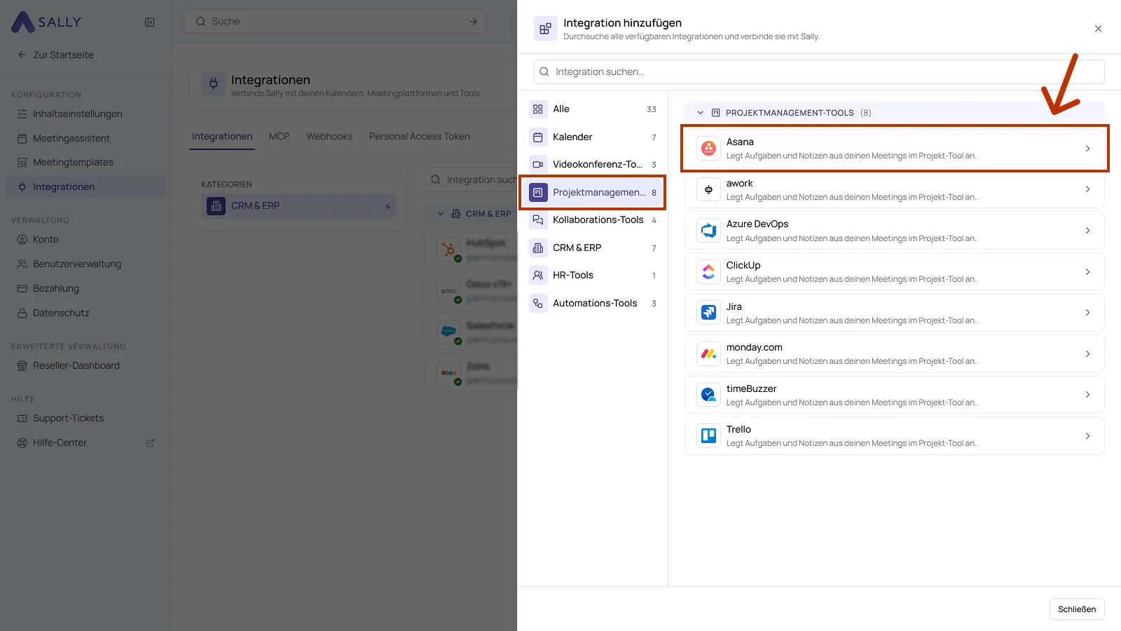 Dialog Integration hinzufügen mit der Kategorie Projektmanagement-Tools und dem hervorgehobenen Eintrag Asana