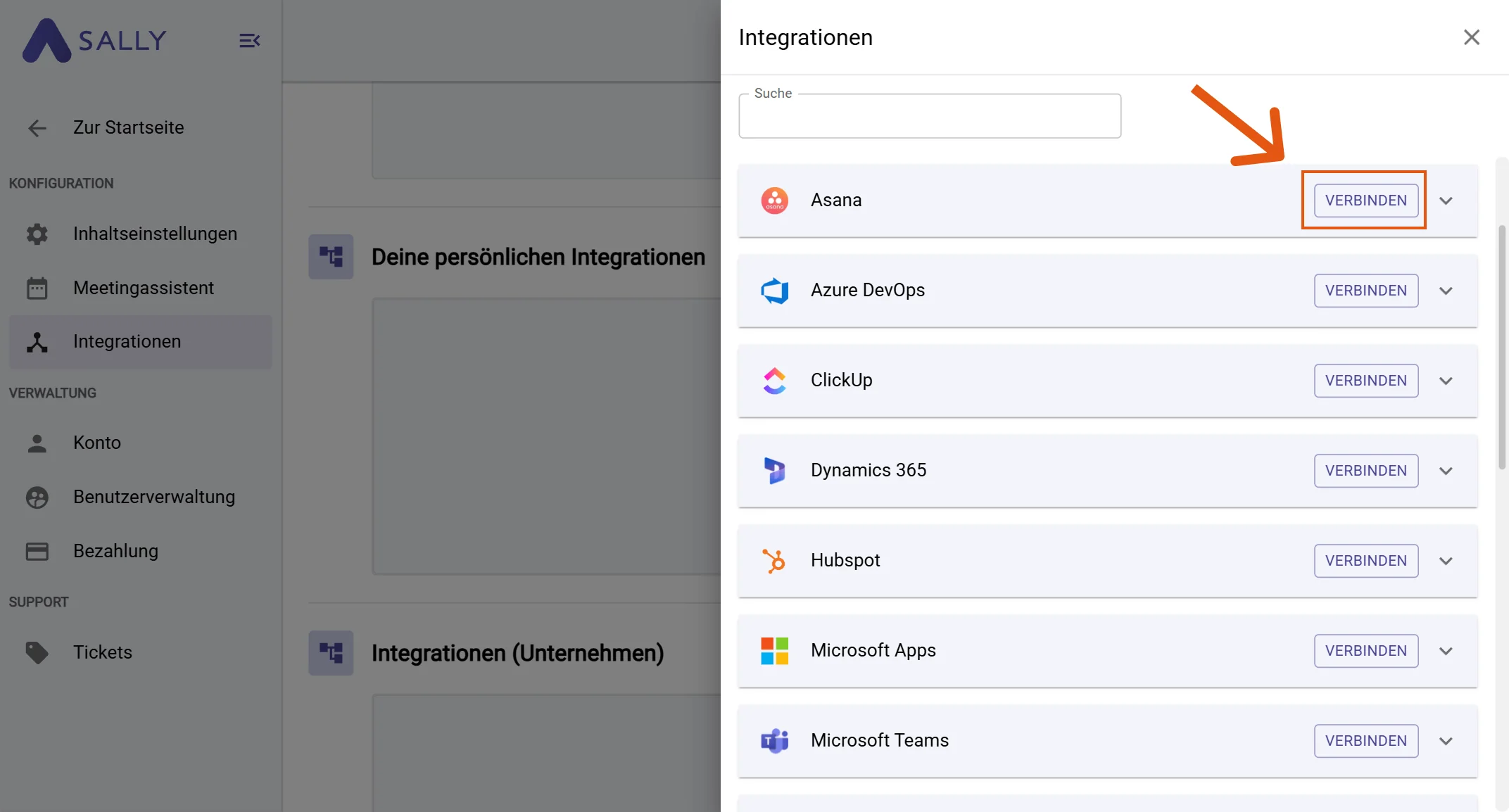 Asana wird unter den persönlichen Integrationen angezeigt