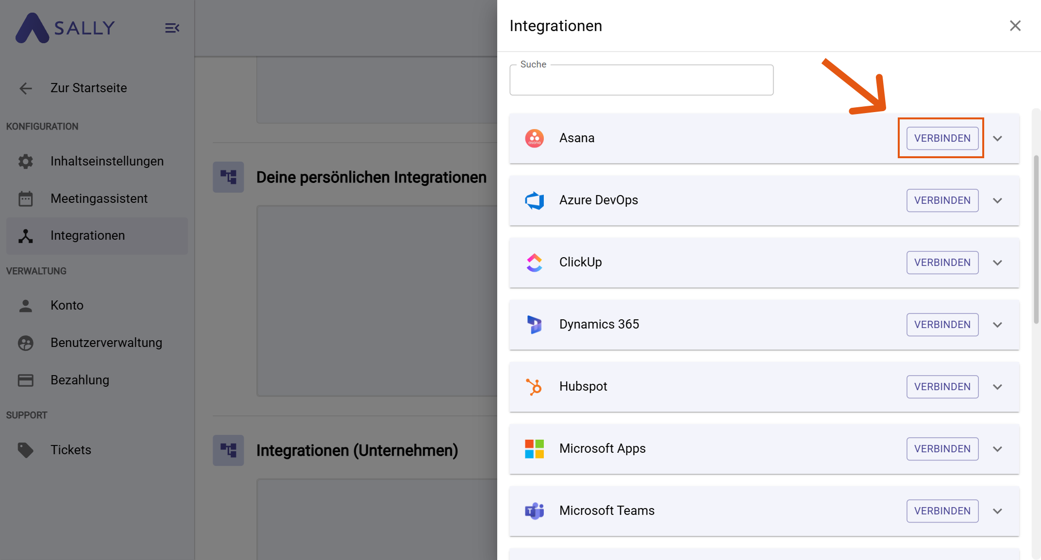 Asana wird unter den persönlichen Integrationen angezeigt