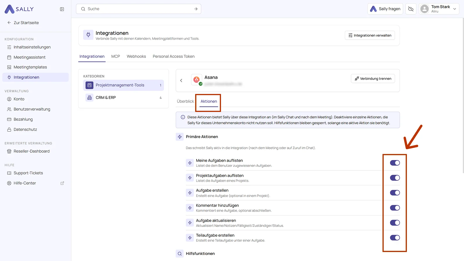 Tab Aktionen der verbundenen Integration Asana mit den Schaltern der primären Aktionen