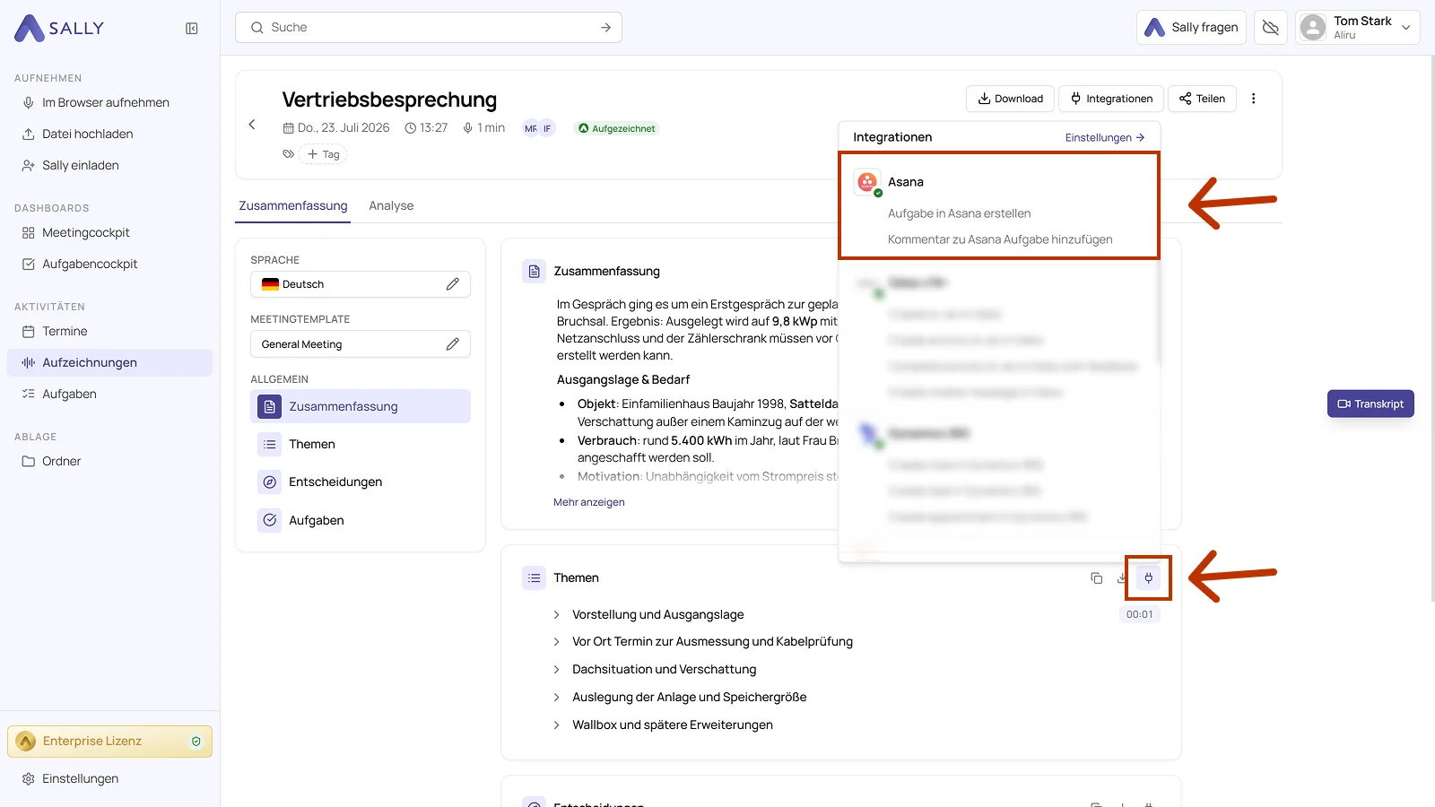Aufzeichnung in Sally mit geöffnetem Integrationen-Menü und den zwei Aktionen von Asana