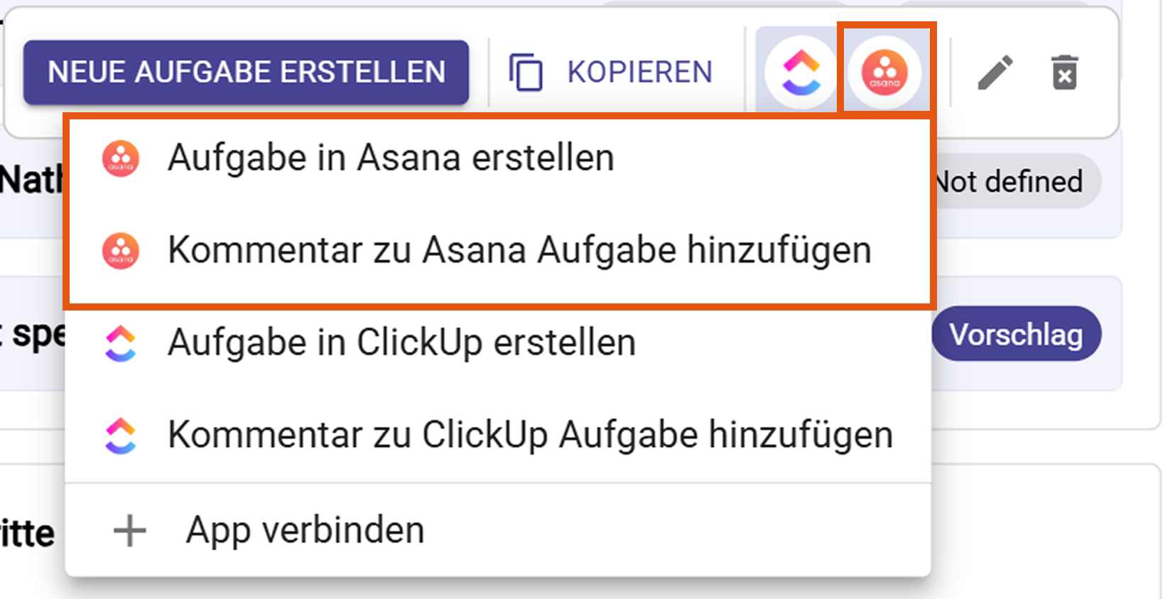 Asana-Aktionsmenü mit Aufgabe in Asana erstellen