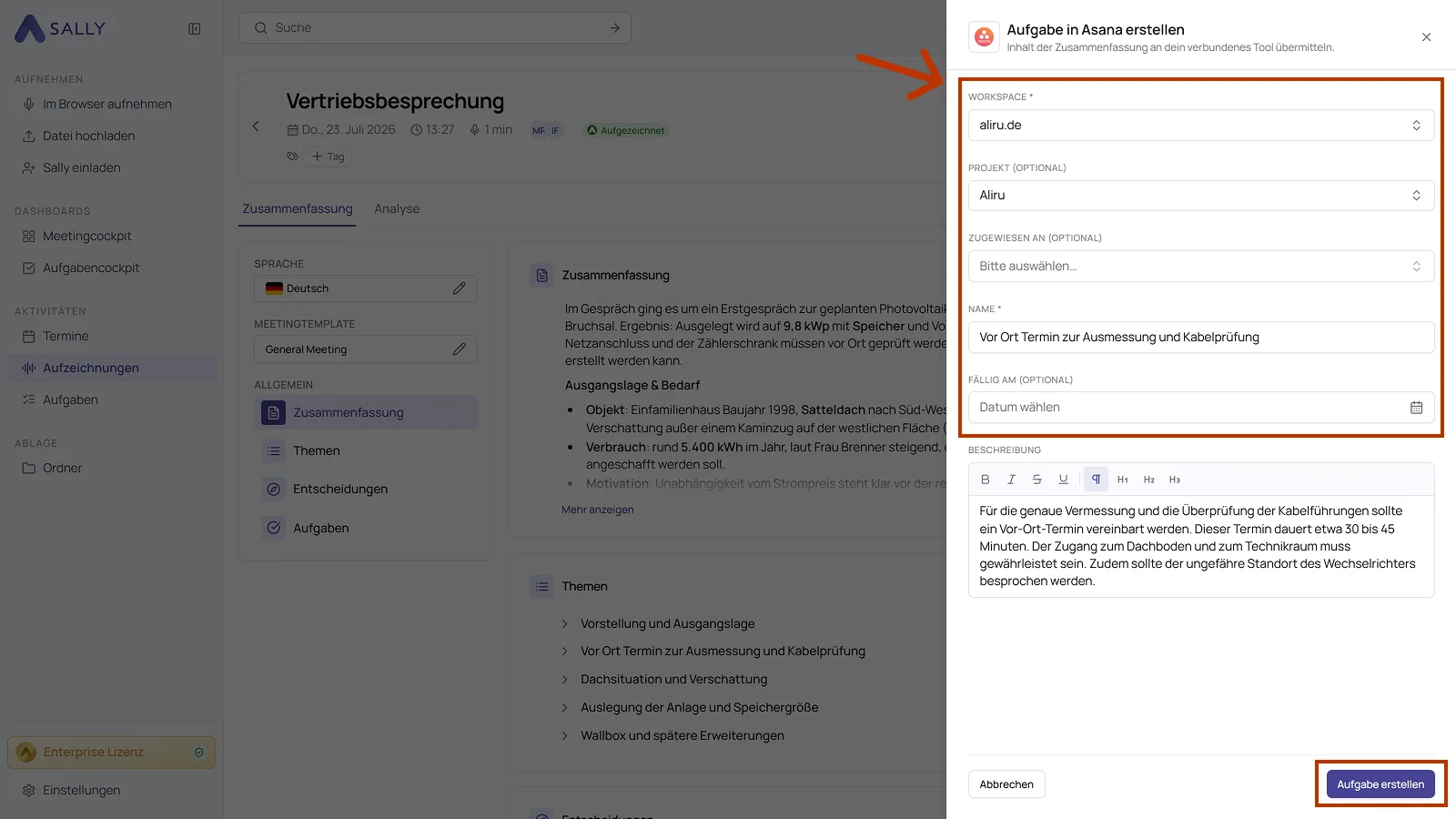 Panel Aufgabe in Asana erstellen mit Workspace, Projekt, Zugewiesen an, Name, Fällig am und Beschreibung