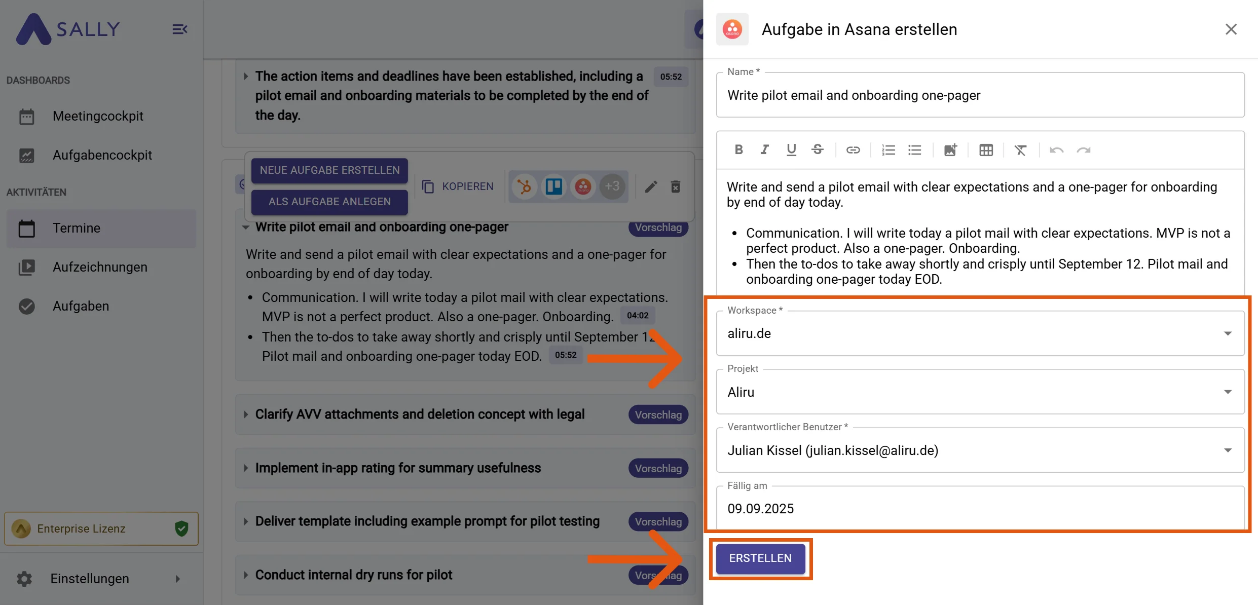 Aufgabe in Asana erstellen mit Workspace, Projekt, Verantwortlichem und Fälligkeitsdatum