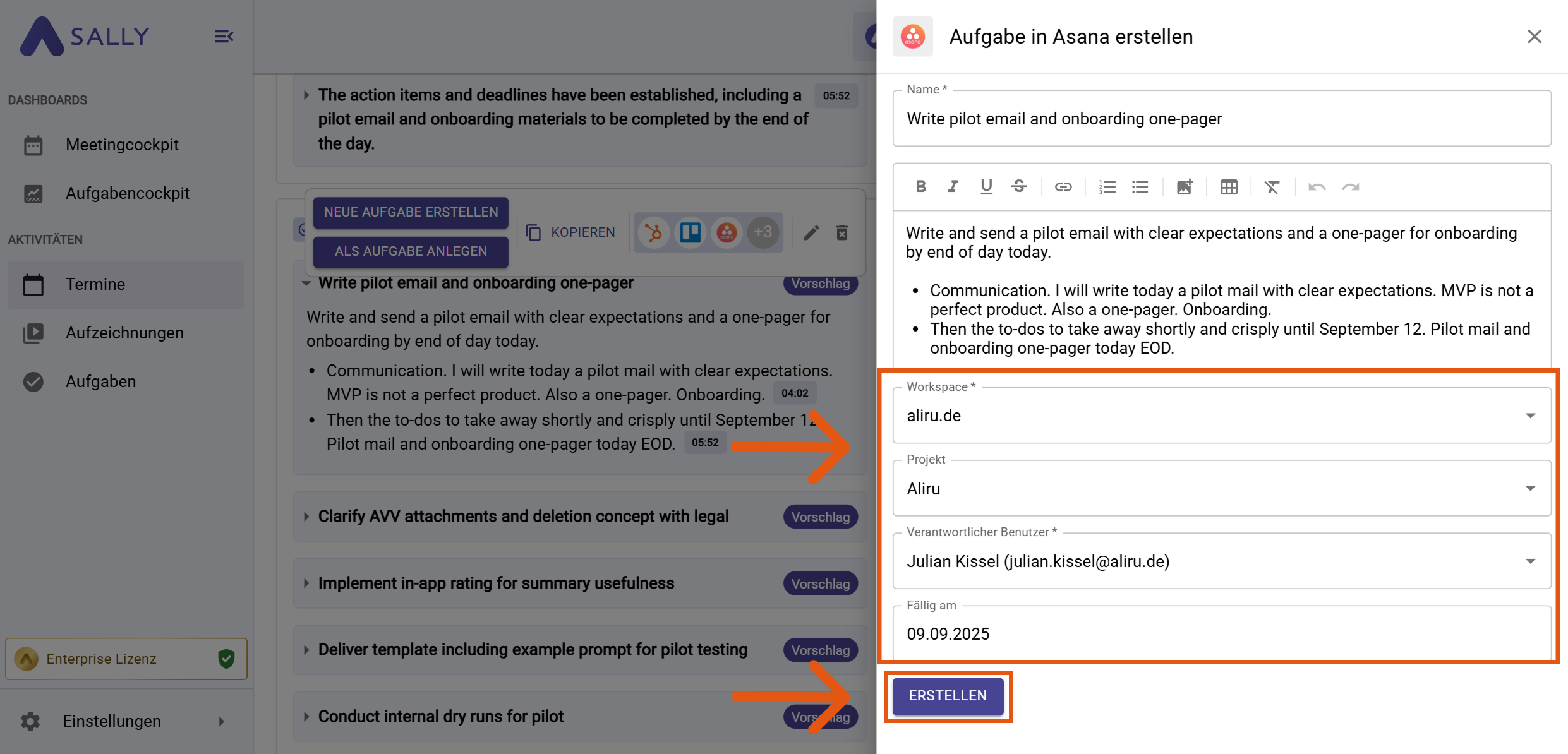 Aufgabe in Asana erstellen mit Workspace, Projekt, Verantwortlichem und Fälligkeitsdatum