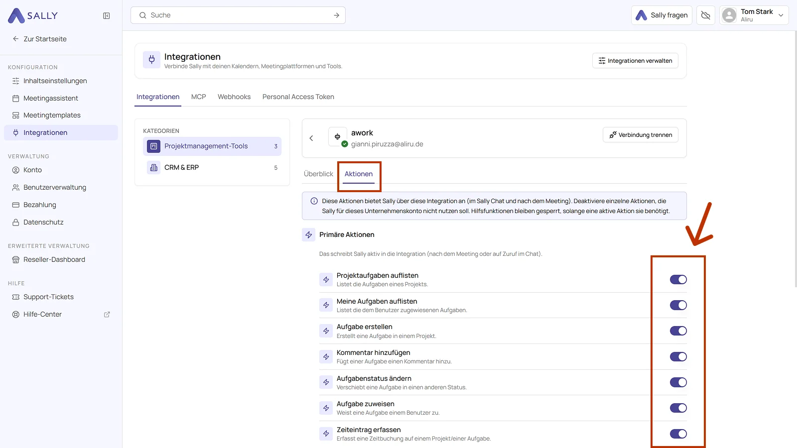 Tab Aktionen der verbundenen Integration awork mit den Schaltern der primären Aktionen