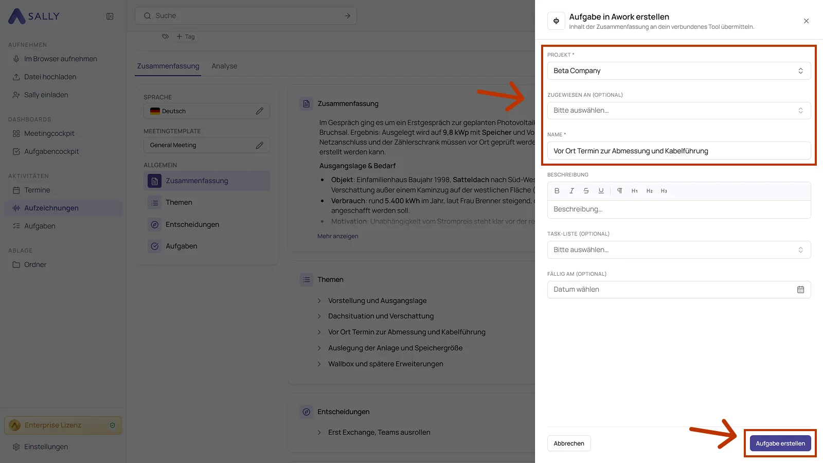 Panel Aufgabe in Awork erstellen mit Projekt, Zugewiesen an, Name, Beschreibung, Task-Liste und Fällig am
