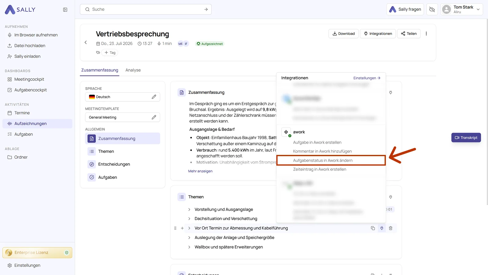 Aufzeichnung in Sally mit geöffnetem Integrationen-Menü und der markierten Aktion Aufgabenstatus in Awork ändern