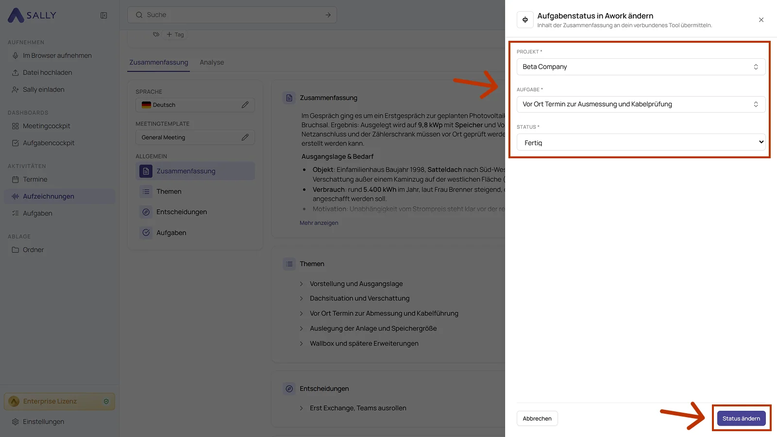 Panel Aufgabenstatus in Awork ändern mit Projekt, Aufgabe und Status