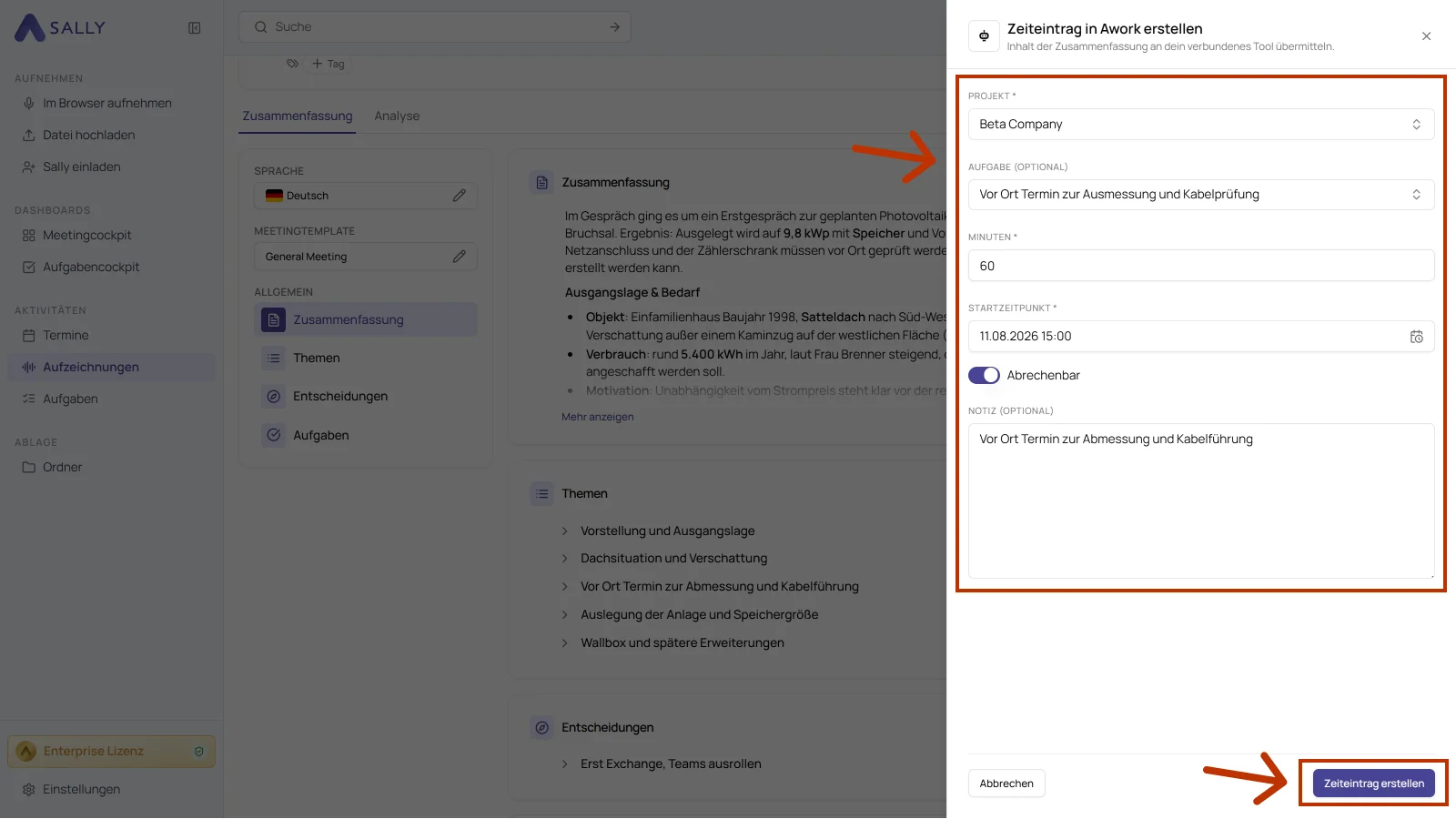 Panel Zeiteintrag in Awork erstellen mit Projekt, Aufgabe, Minuten, Startzeitpunkt, Abrechenbar und Notiz