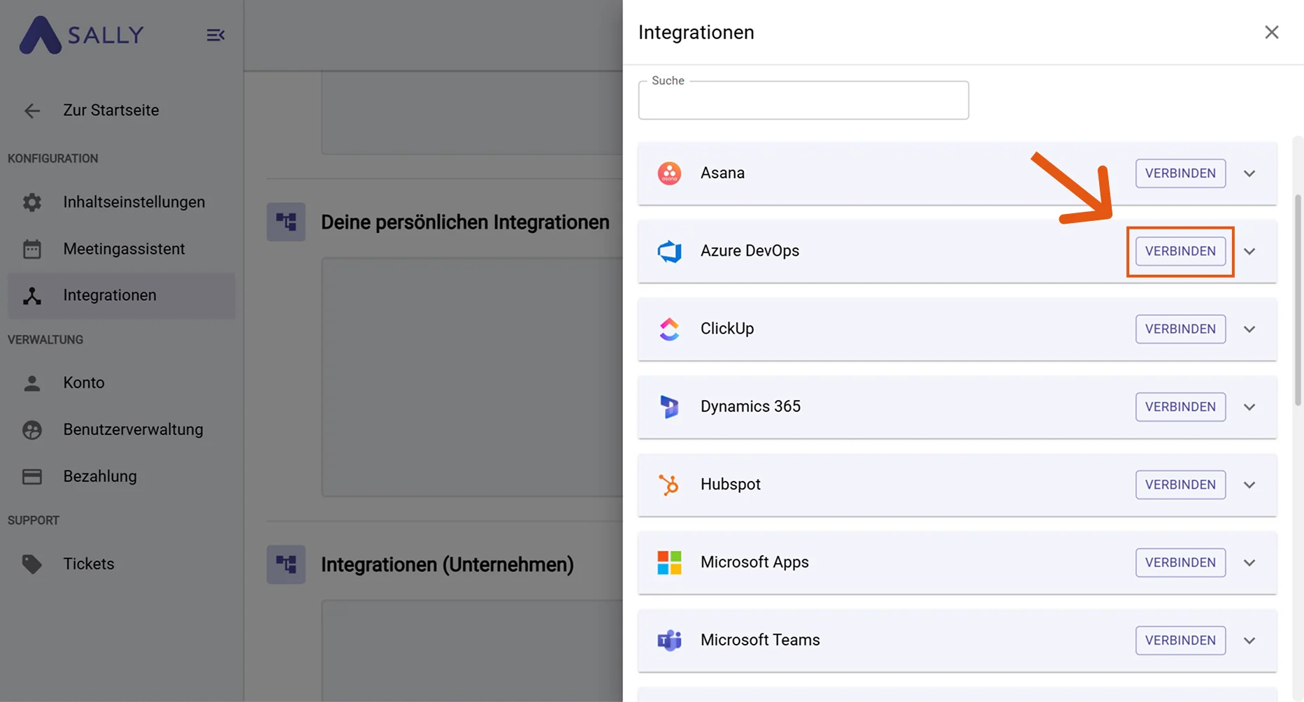 Azure DevOps in der Integrationsliste mit Verbinden-Button