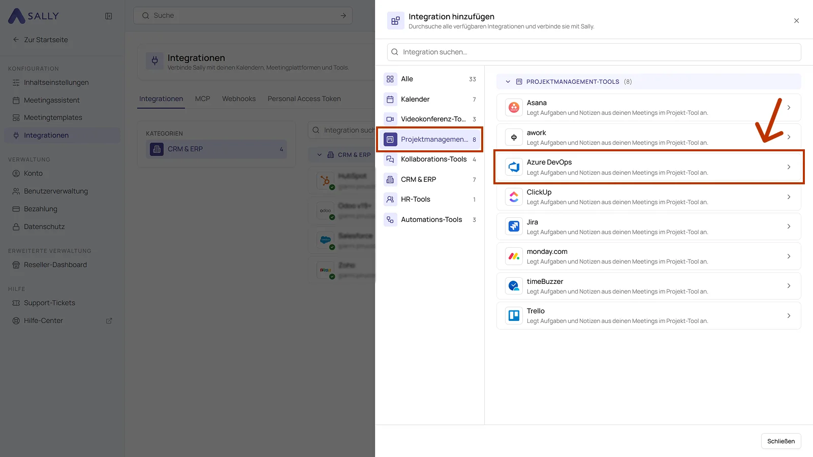Bereich Integration hinzufügen mit der Kategorie Projektmanagement-Tools und markiertem Eintrag Azure DevOps