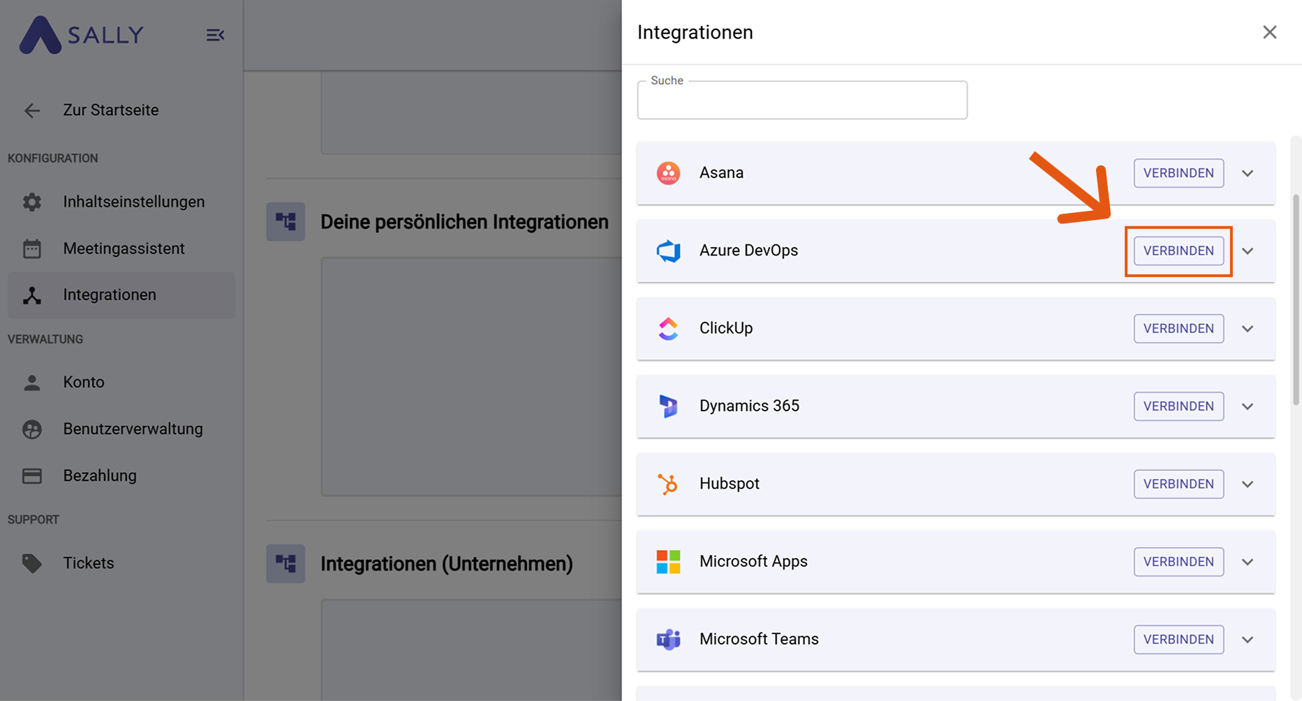 Azure DevOps in der Integrationsliste mit Verbinden-Button