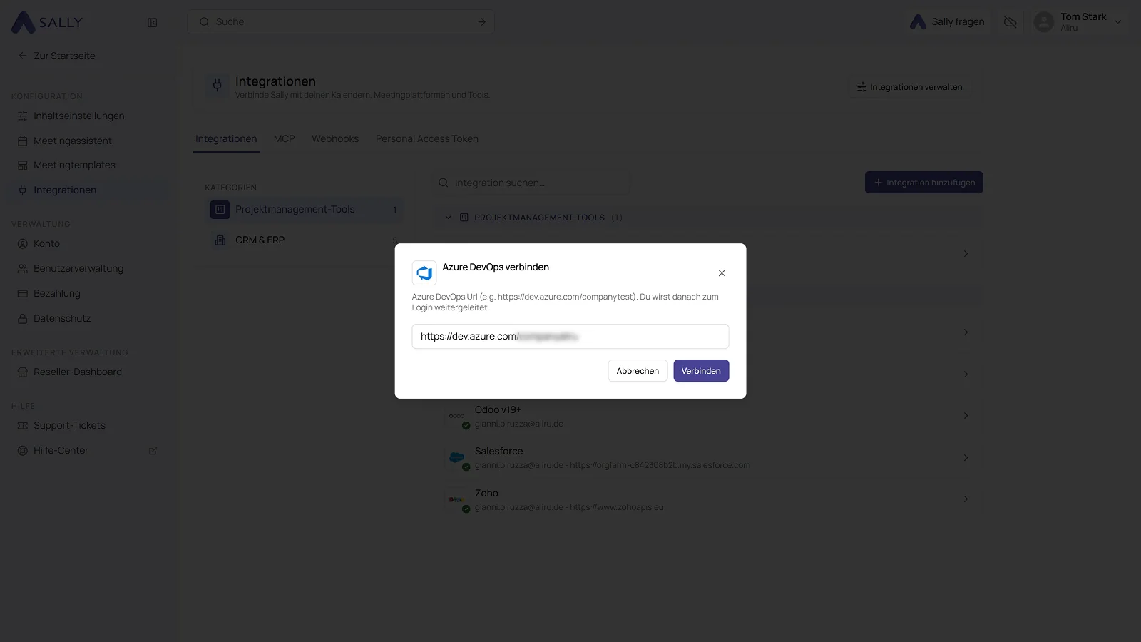 Dialog Azure DevOps verbinden mit dem Feld für die Adresse der Organisation