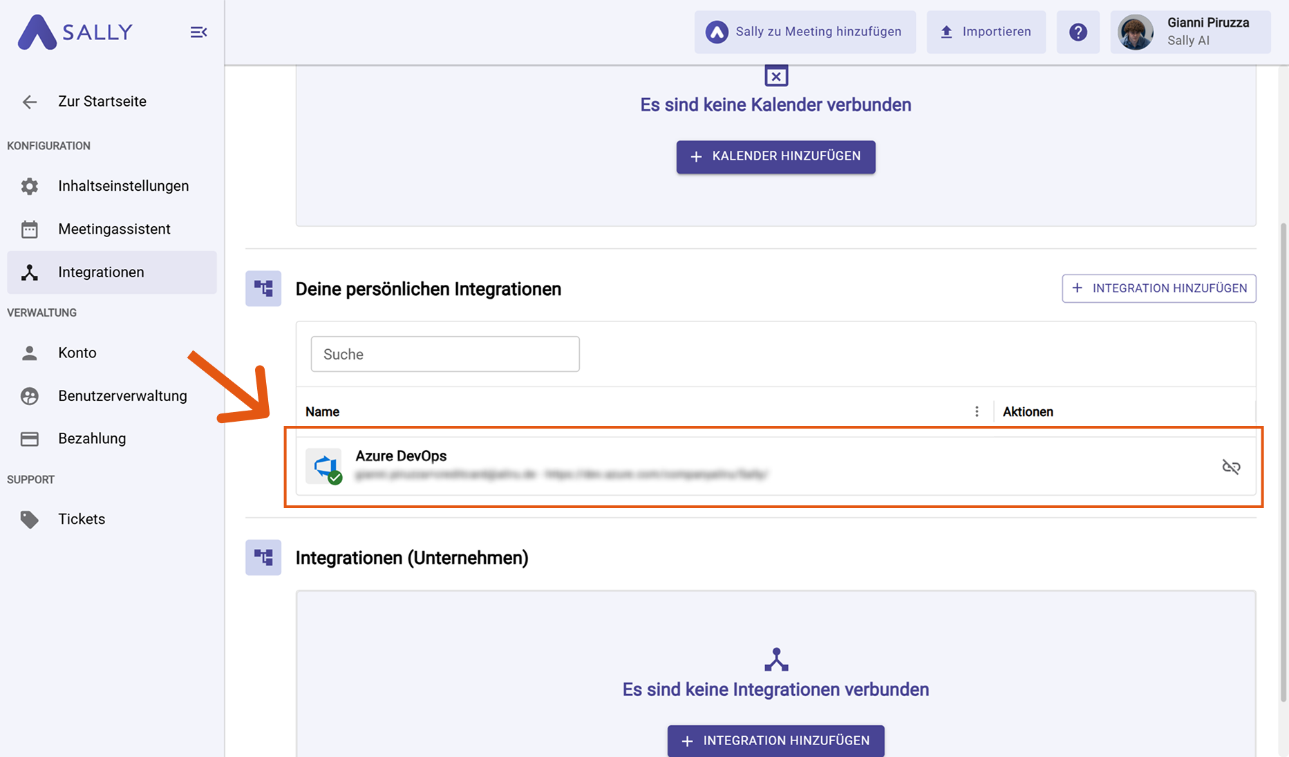 Azure DevOps wird unter den persönlichen Integrationen angezeigt
