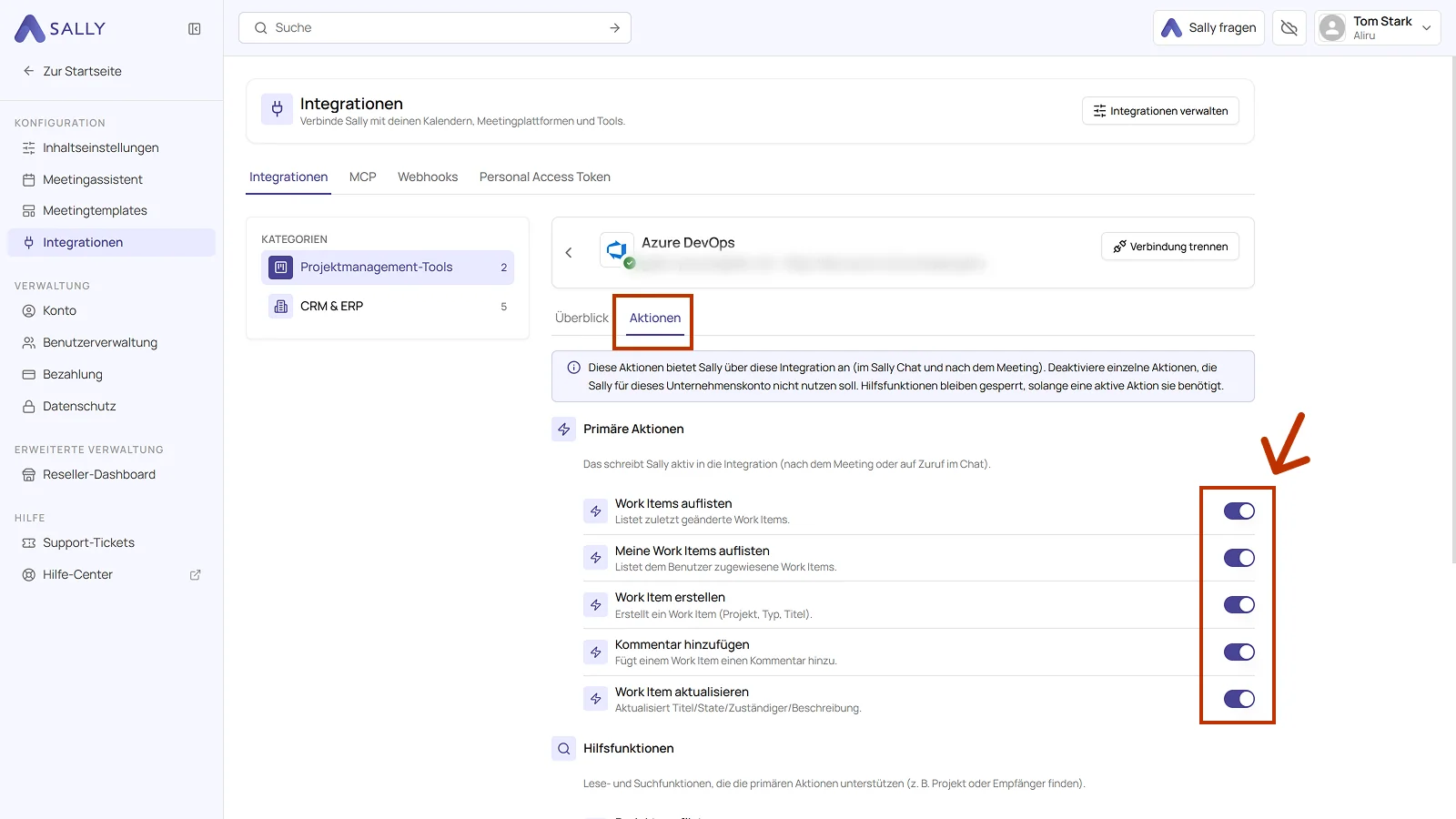 Reiter Aktionen der Azure DevOps Integration mit den Schaltern der primären Aktionen