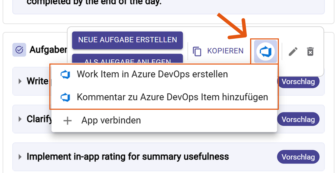 Azure DevOps-Aktionsmenü mit Work Item erstellen
