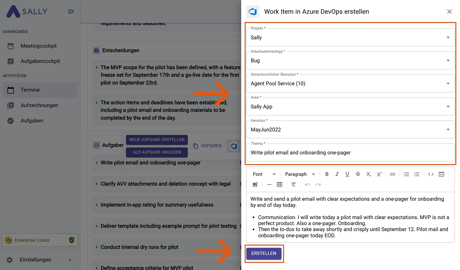 Work Item in Azure DevOps erstellen mit Projekt, Arbeitselementtyp, Verantwortlichem, Area und Iteration