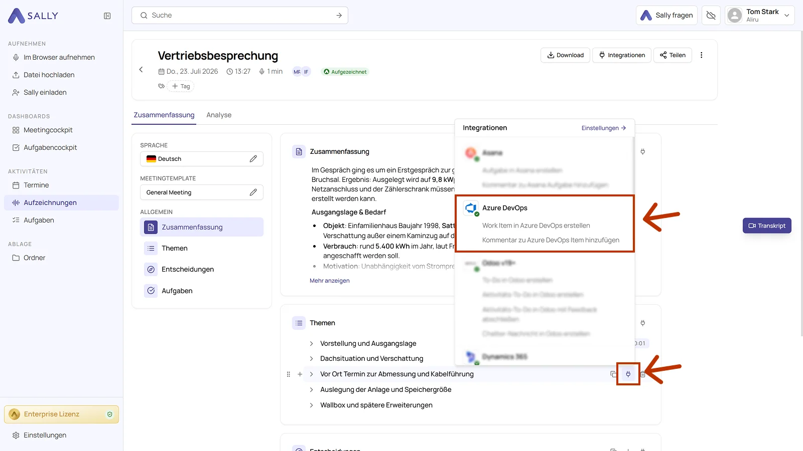 Zusammenfassung eines Meetings mit dem Stecker-Symbol und der Liste der Integrationen, darin Azure DevOps