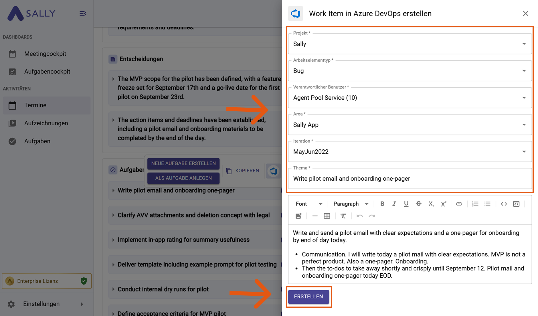 Work Item in Azure DevOps erstellen mit Projekt, Arbeitselementtyp, Verantwortlichem, Area und Iteration