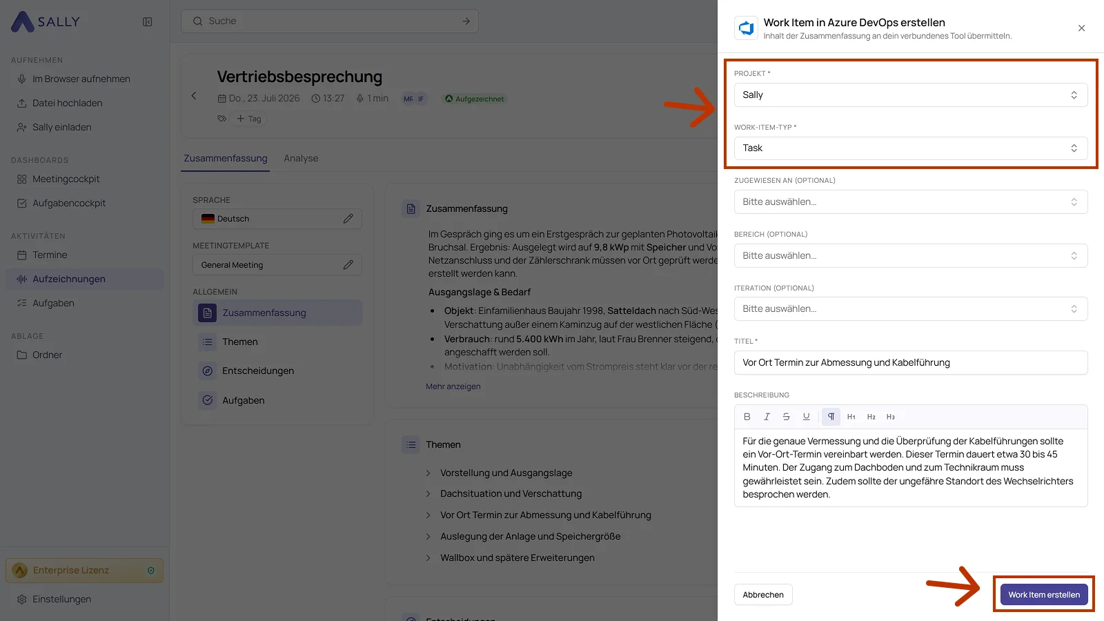 Dialog Work Item in Azure DevOps erstellen mit Projekt, Work-Item-Typ, Titel und Beschreibung