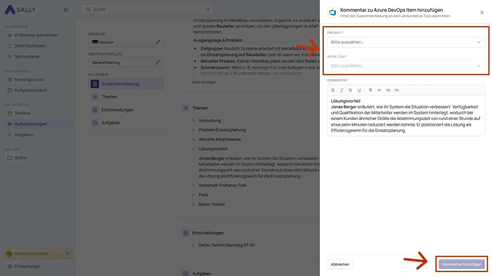 Dialog Kommentar zu Azure DevOps Item hinzufügen mit den Feldern Projekt, Work Item und Kommentar