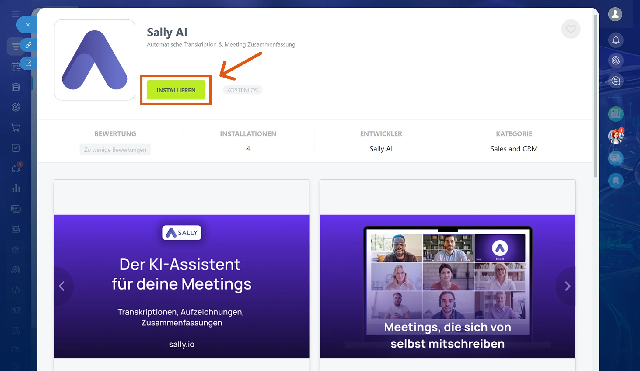 Sally AI App-Seite im Bitrix24 Market mit Installieren-Button