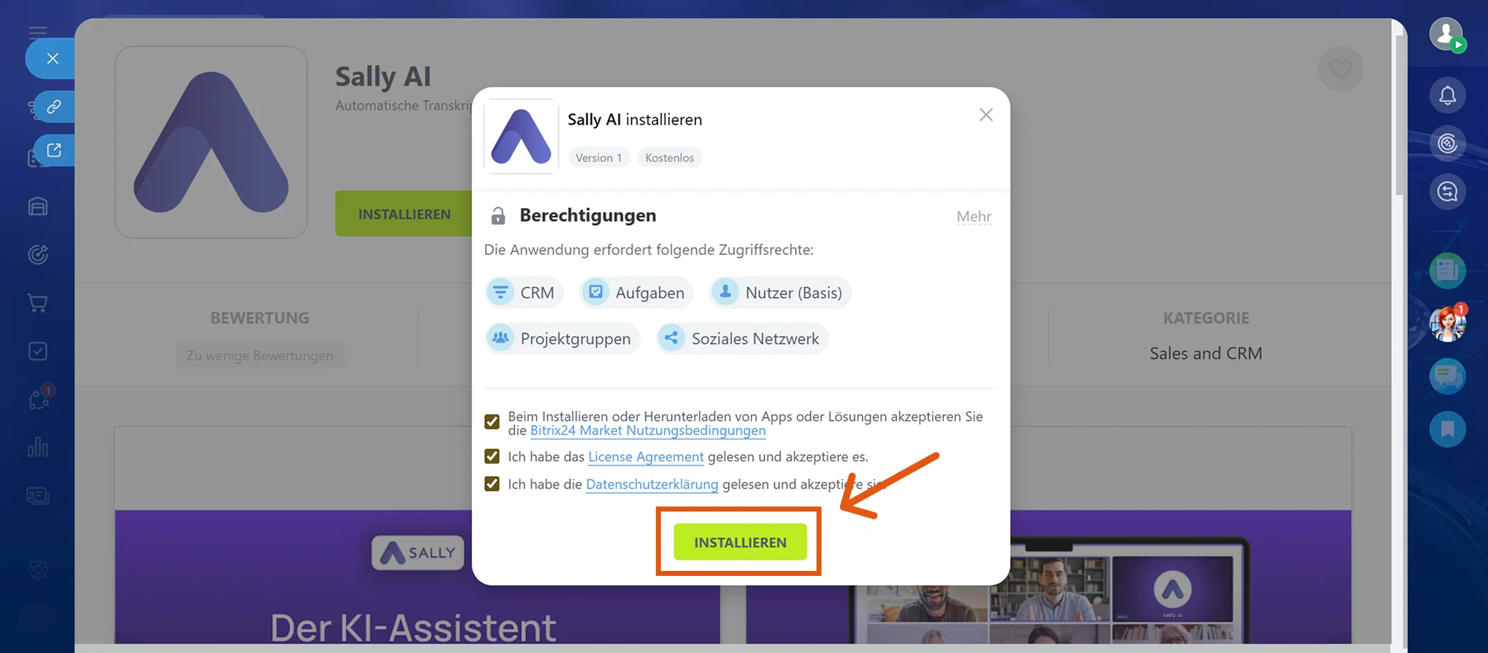 Berechtigungs- und Zustimmungsdialog für die Sally AI Bitrix24-App
