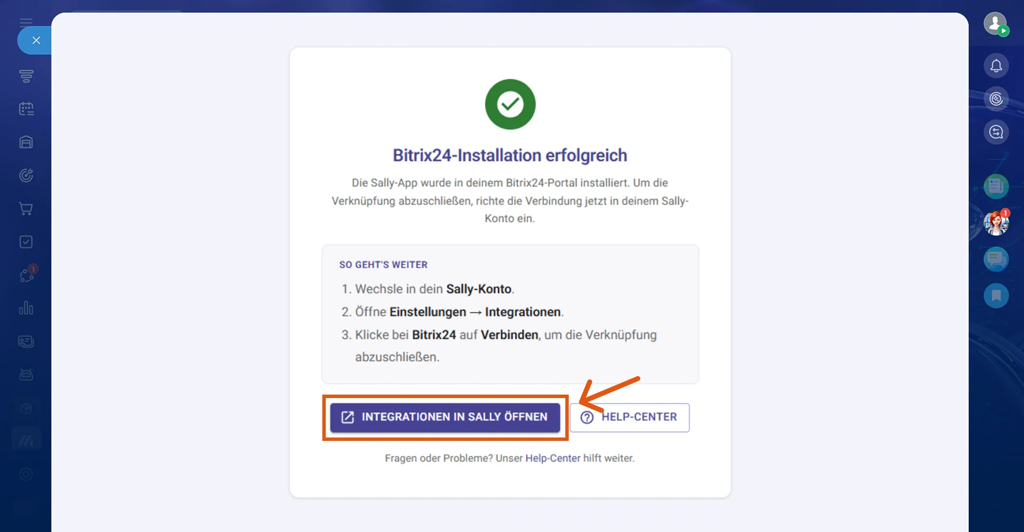 Bitrix24-Bestätigungsseite nach der Installation von Sally mit Button zum Wechsel nach Sally