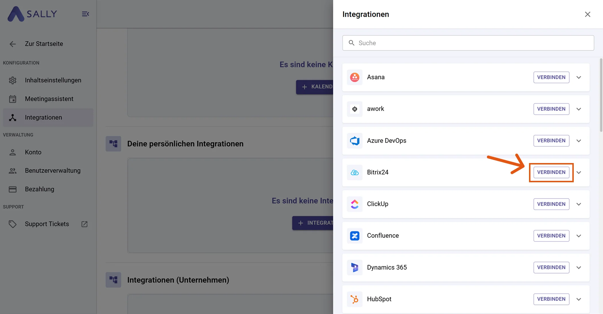Bitrix24 in der Sally Integrationsliste mit Verbinden-Button