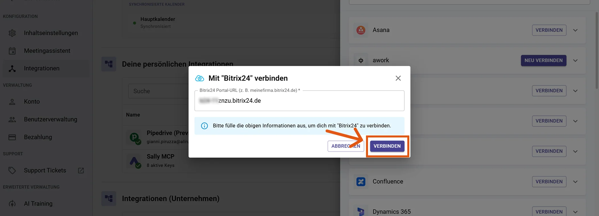 Dialog Mit Bitrix24 verbinden mit Eingabefeld für die Portal-URL
