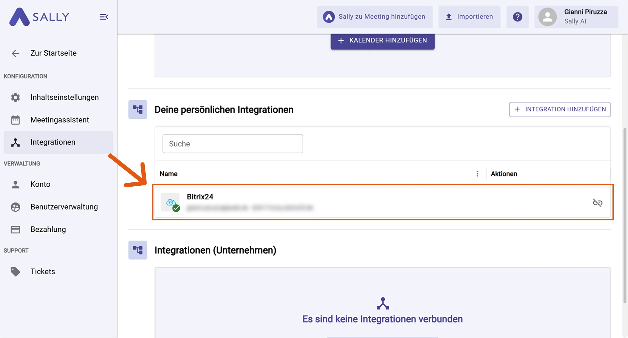 Bitrix24 unter deinen persönlichen Integrationen in Sally aufgelistet