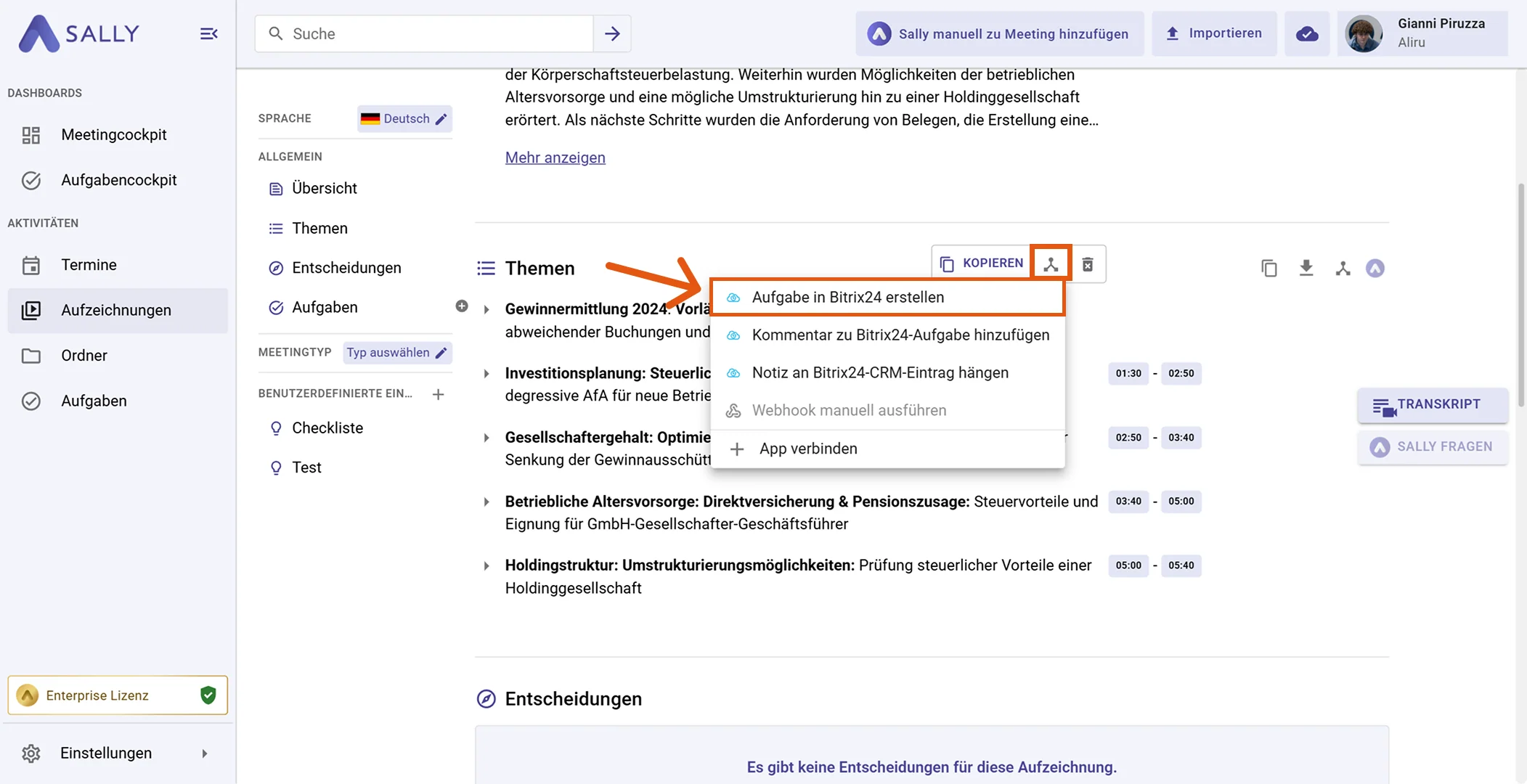 Bitrix24 Aktionsmenü mit Aufgabe in Bitrix24 erstellen markiert