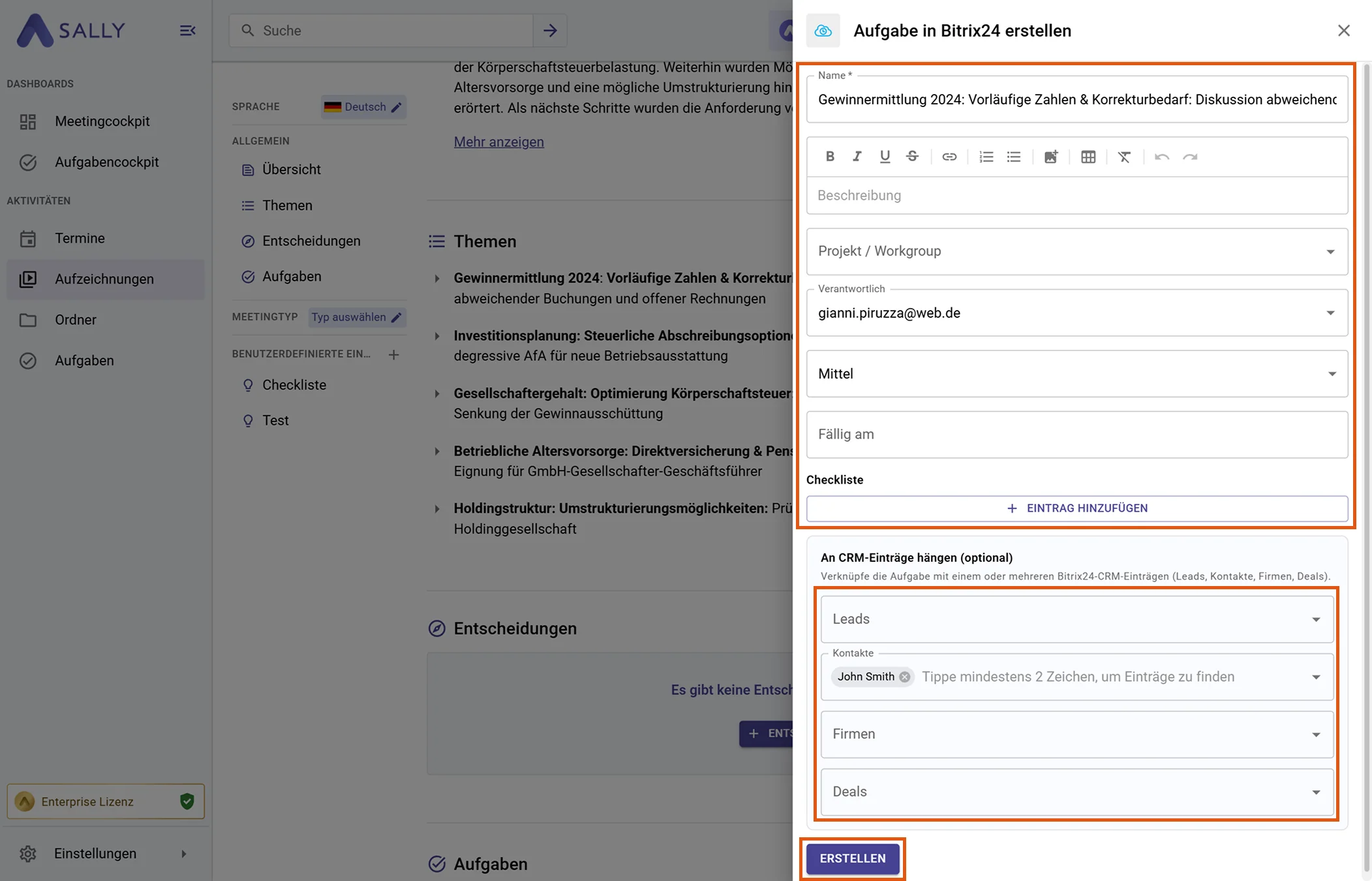 Aufgabe in Bitrix24 erstellen Formular mit Name, Beschreibung, Projekt, Verantwortlichem, Priorität, Fälligkeit und CRM-Verknüpfungen
