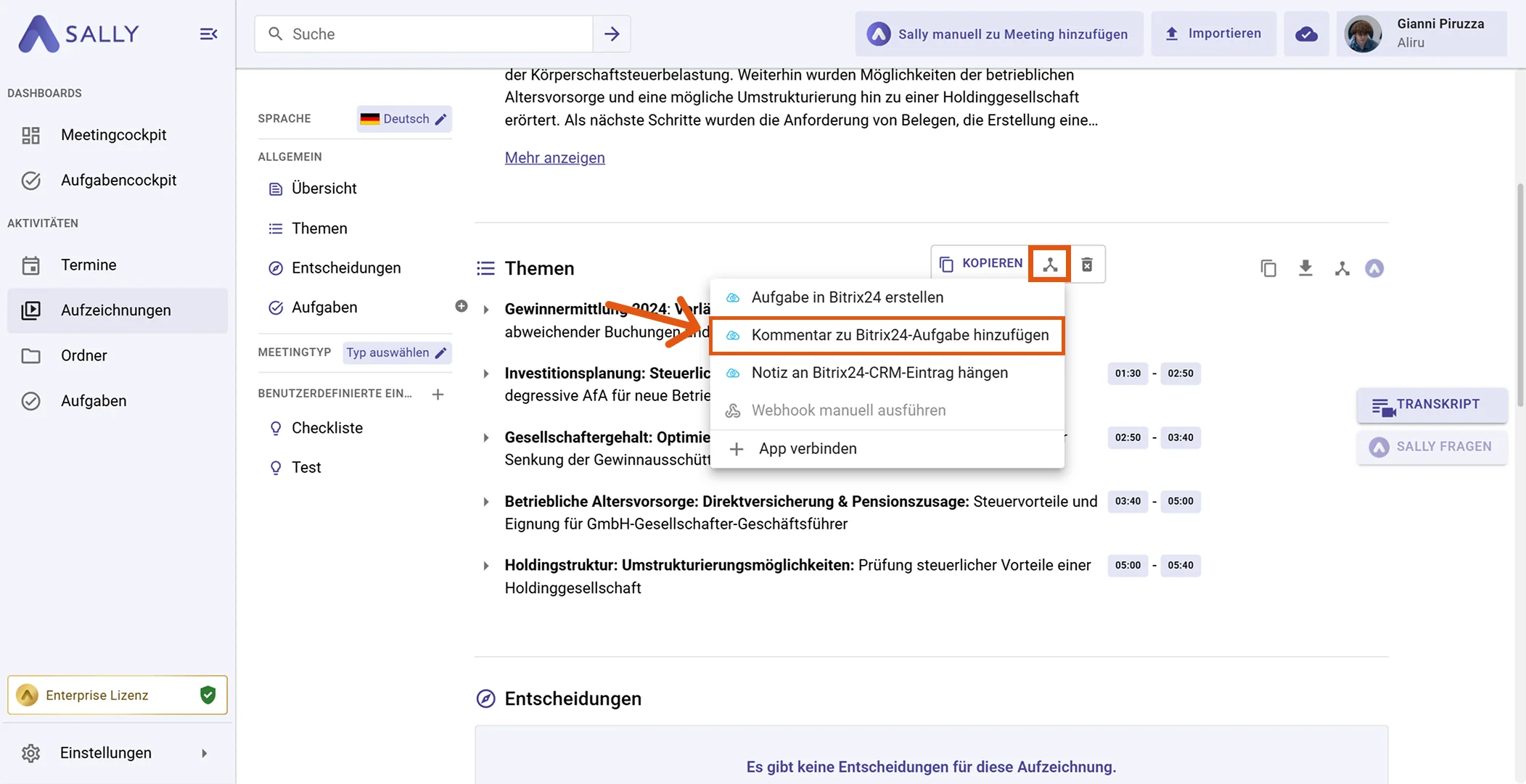 Bitrix24 Aktionsmenü mit Kommentar zu Bitrix24-Aufgabe hinzufügen markiert