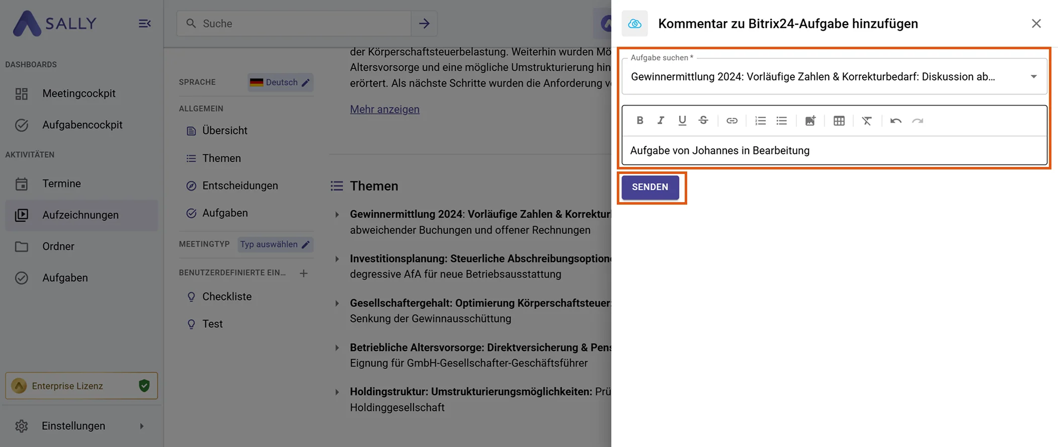 Formular Kommentar zu Bitrix24-Aufgabe hinzufügen mit Aufgabenauswahl und Editor