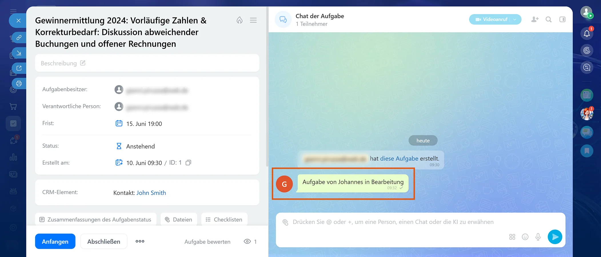 Sally-Kommentar im Chat der Bitrix24-Aufgabe