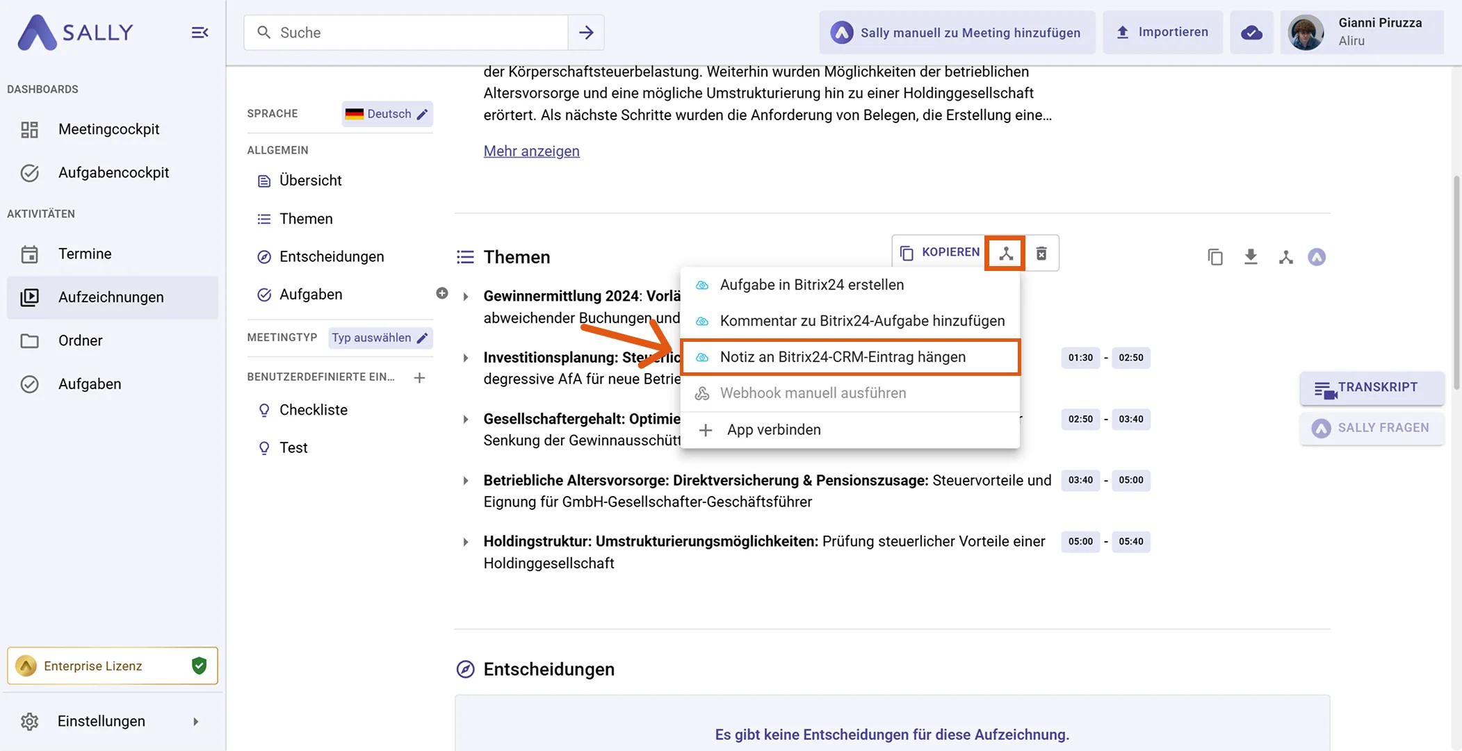Bitrix24 Aktionsmenü mit Notiz an Bitrix24-CRM-Eintrag hängen markiert