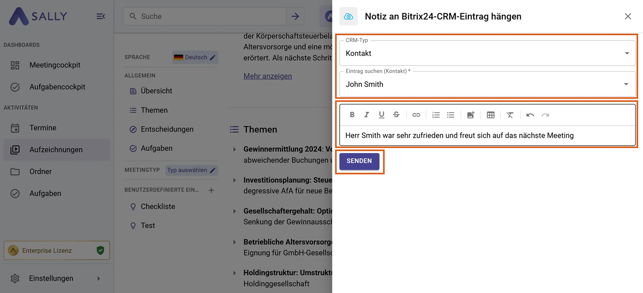 Formular Notiz an Bitrix24-CRM-Eintrag hängen mit CRM-Typ, Eintragsauswahl und Editor