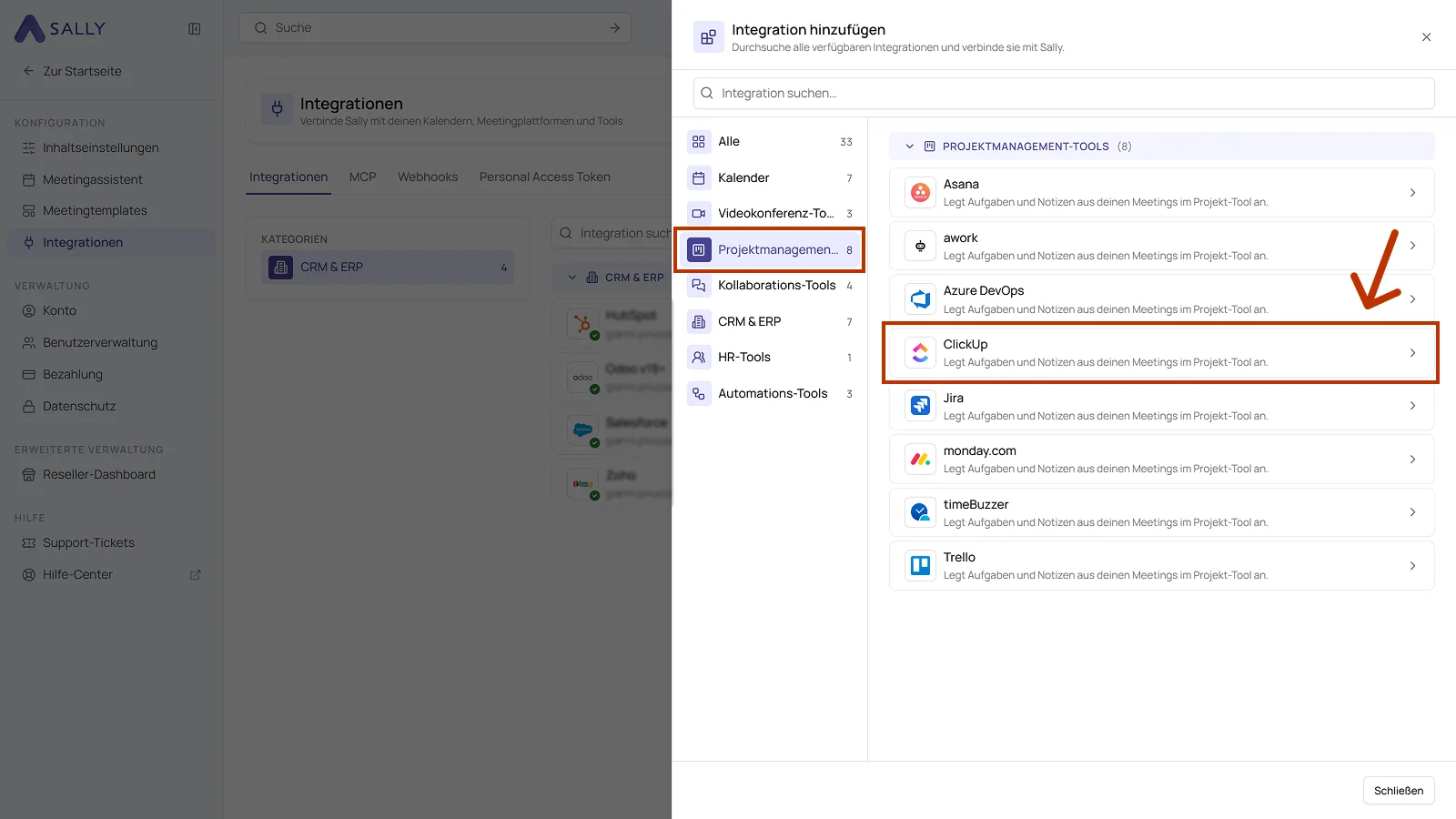 Bereich Integration hinzufügen mit der Kategorie Projektmanagement-Tools und markiertem Eintrag ClickUp