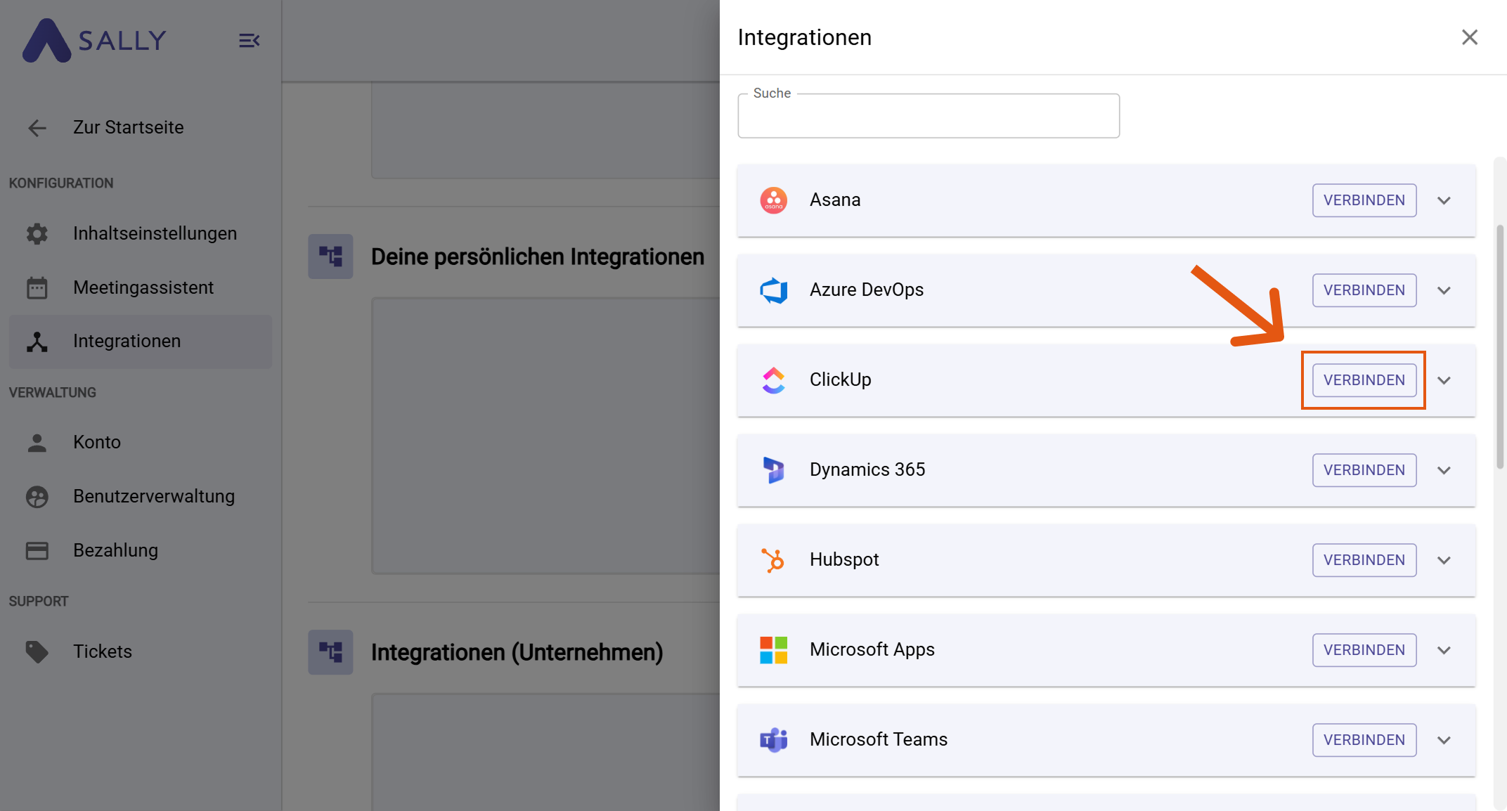 ClickUp in der Integrationsliste mit Verbinden-Button