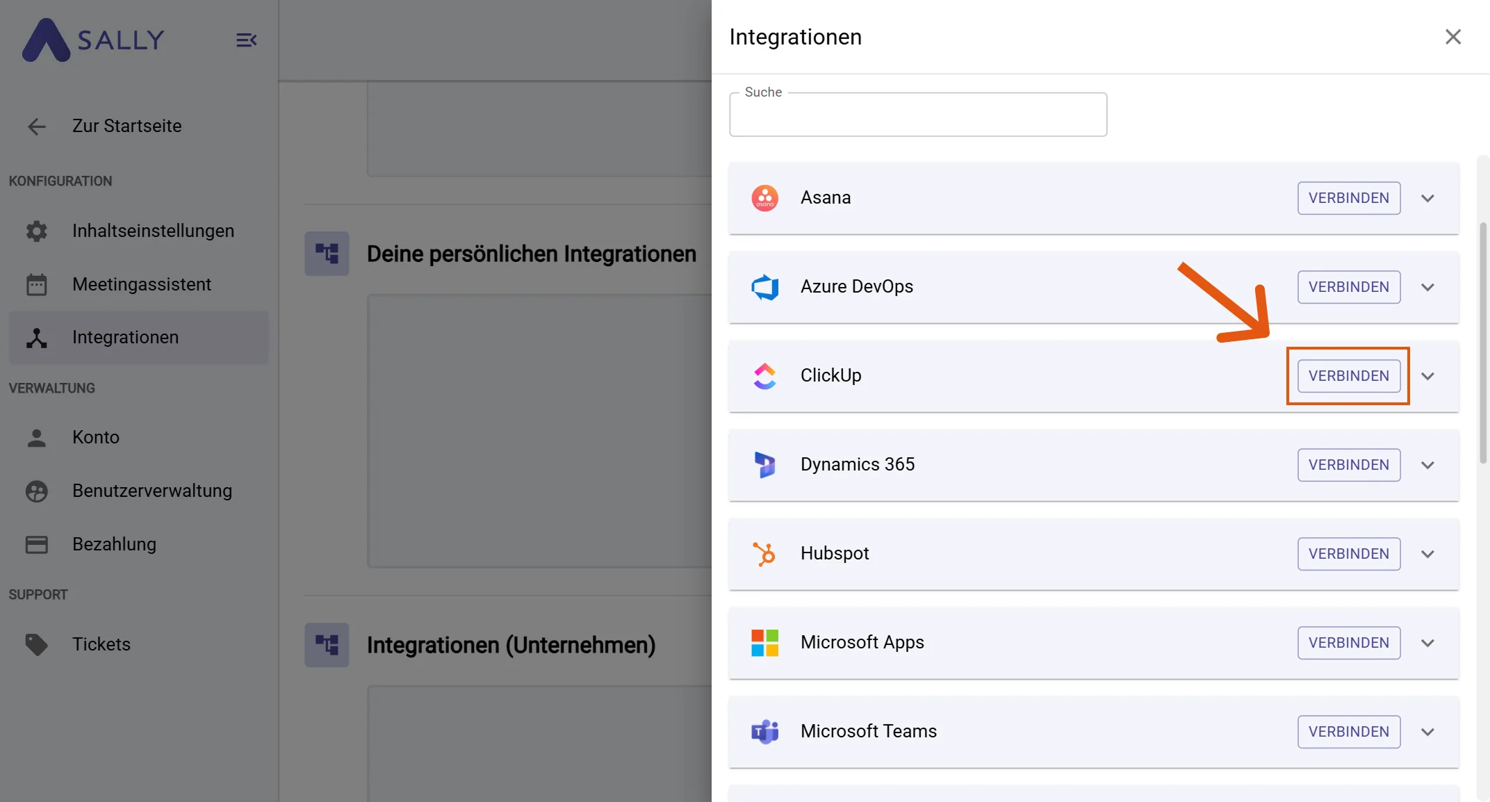 ClickUp in der Integrationsliste mit Verbinden-Button
